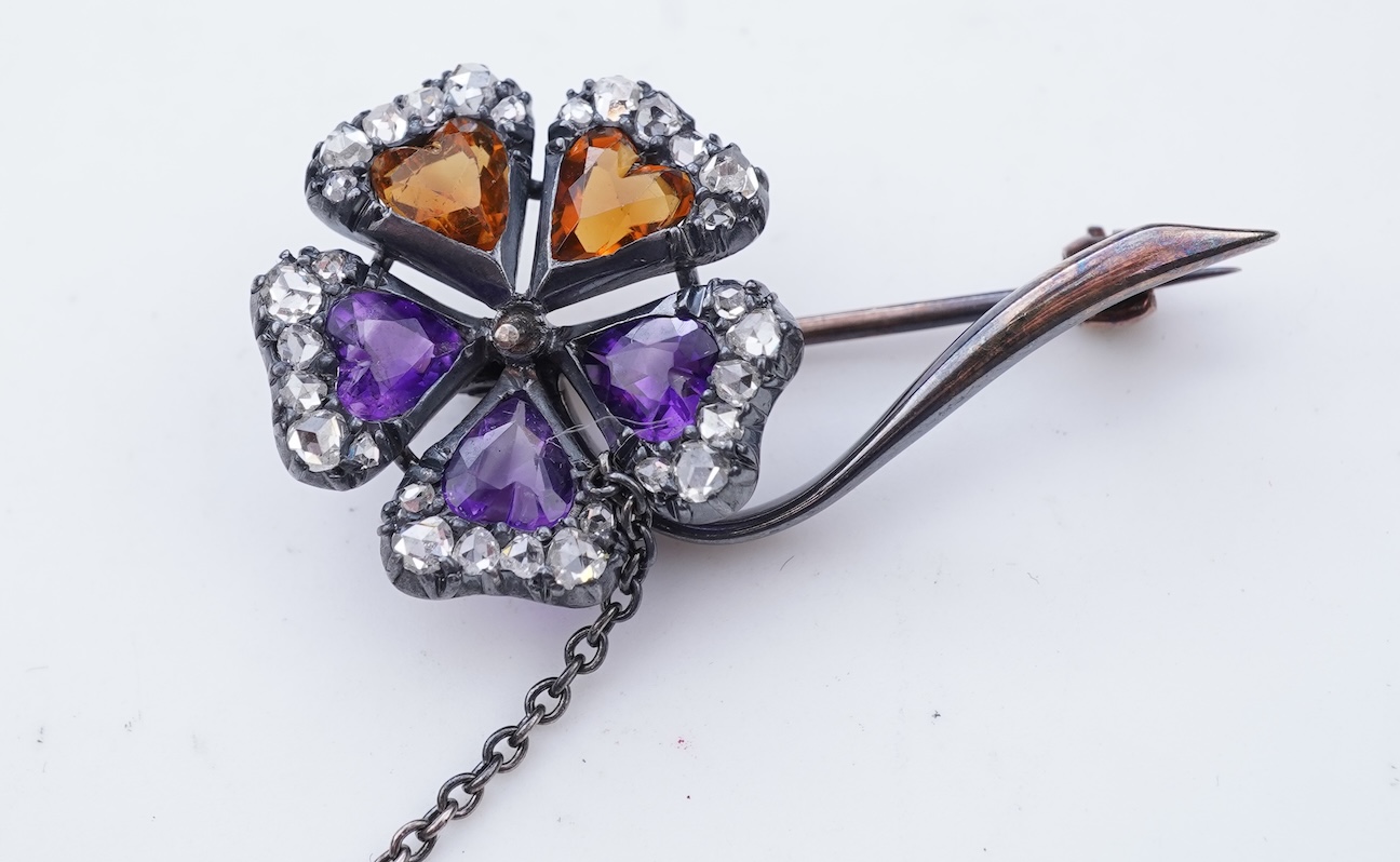 A Victorian amethyst, citrine and diamond brooch, late 19th century